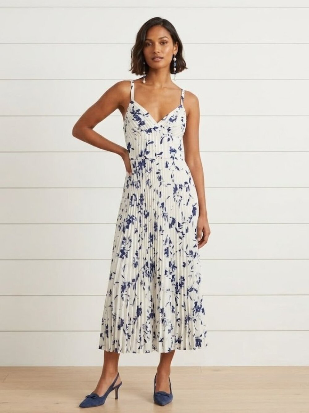NWT Polo Ralph Lauren Floral Pleated Satin Midi in Blue White Tank Dress 14